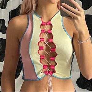 Yellow contrast stitch tank top lace up crop top